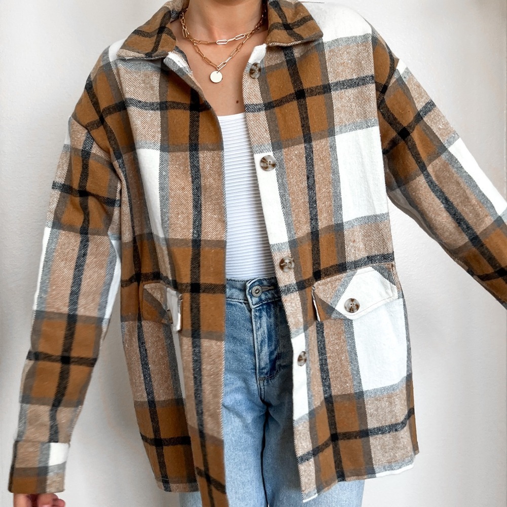 orange and white plaid shacket for fall, autumn, winter trendy women’s fashion - Picture 2 of 10